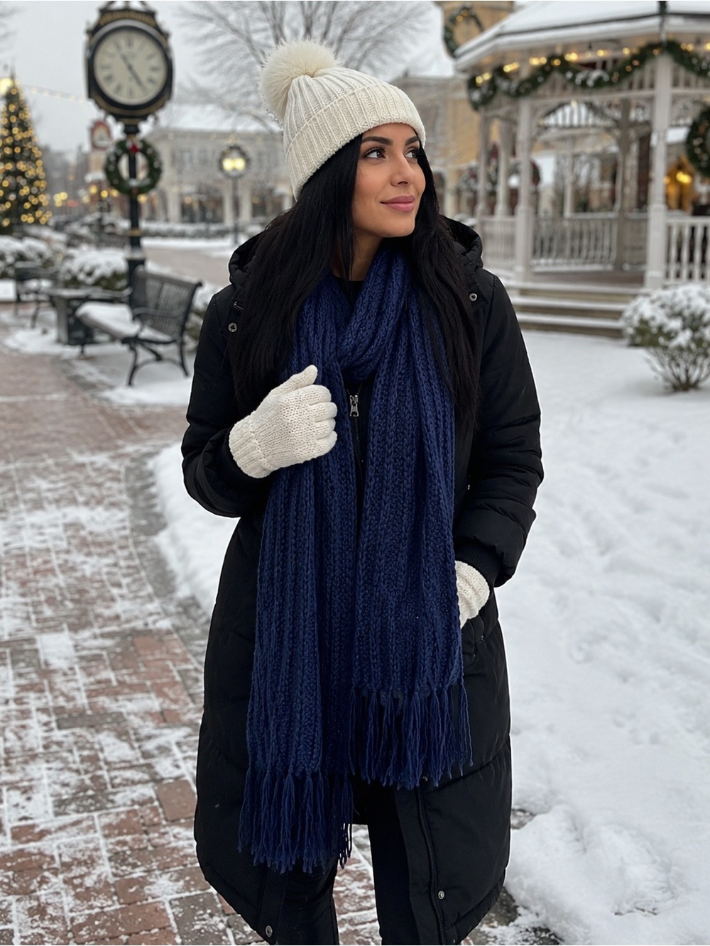 Cozy Navy Blue Knit Fringe Scarf